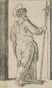 القديس جود يحمل مطردًا بيده اليمنى من مسلسل 'Piccoli Santi' ... ، كاليفورنيا. 1500-1527. بواسطة ماركانتونيو رايموندي