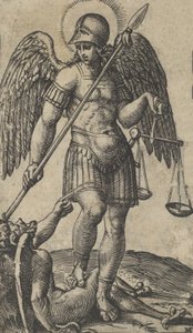 القديس ميخائيل يحمل موازين ورمح ، شيطان تحته ، من سلسلة 'P ... ، كاليفورنيا. 1500-1527.