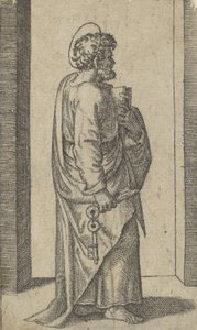 القديس بطرس ، مفاتيح في اليد اليمنى ، كتاب في اليسار ، متجه لليمين ، من سلسلة 'Pic ...، ca. 1500-1527. بواسطة ماركانتونيو رايموندي