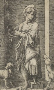 القديس لازاروس يحيط به كلبان ، من سلسلة 'Piccoli Santi' Small Saints ، c ... ، ca. 1500-1527. بواسطة ماركانتونيو رايموندي