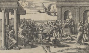 استشهاد القديسة سيسيليا واقفا عاريا في مرجل كبير على اليسار تحت ... ، كاليفورنيا. 1520-25.