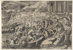 اختطاف هيلين ، مشهد معركة على شاطئ مع رجلين يسحبان هيلين في ... ، كاليفورنيا. 1520-27. بواسطة ماركانتونيو رايموندي