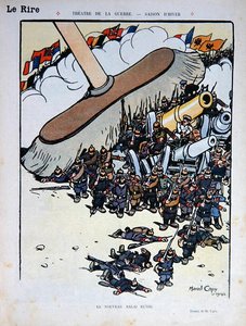 "المكنسة الروسية الجديدة" ، كارتون من مجلة "Le Rire" في الخامس من كانون الأول (ديسمبر) 1914 (لون ليثو)