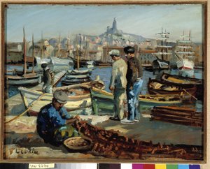 صيادون على رصيف ميناء مرسيليا لوحة لمارسيل ليبرين (1891-1933) إشارة إلزامية: مجموعة مؤسسة بخصوص بروفانس ، مرسيليا