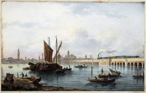 رسم الجسر فوق البحيرة في "ألبوم المناظر الرئيسية لمدينة البندقية" بواسطة ماركو مورو إد. Gio Brize-Ghel nd 1840. تقريبًا. بواسطة ماركو (بعد) مورو