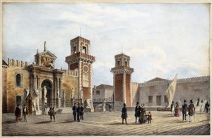 ترسانة البندقية في "ألبوم المناظر الرئيسية لمدينة البندقية" رسمها ماركو مورو إد. Gio Brize-Ghel n.d 1840. تقريبًا. بواسطة ماركو (بعد) مورو