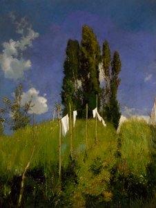 Meadow of laundery, last quarter of 19th century, by Marco Calderini (1850-1941), oil on canvas, 65x51 cm. Italy