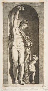A faun يقف في مكانة يمسك عاليا مجموعة من العنب بيده اليمنى و ... ، كاليفورنيا. 1515-27. بواسطة ماركو دينتي