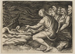 مجموعة من الشخصيات على اليمين يشهدون حطام سفينة ، كاليفورنيا. 1515-27. بواسطة ماركو دينتي