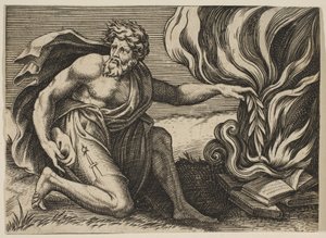 رجل راكع ويضع غار الغار على كومة من الكتب المحترقة ، كاليفورنيا. 1515-27. بواسطة ماركو دينتي
