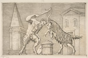ساتر وكبش يهاجمان بعضهما البعض ، الساتير يبني ناديًا به حقه ... ، كاليفورنيا. 1515-27. بواسطة ماركو دينتي