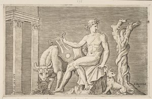 أبولو يرعى أسراب Admetus ، جالس أبولو يجلس قيثارة ويحيط به ... ، كاليفورنيا. 1515-27. بواسطة ماركو دينتي