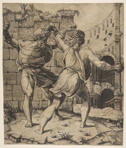 القتال Entellus و Dares أمام الأنقاض الكلاسيكية ، 1520-25. بواسطة ماركو دينتي