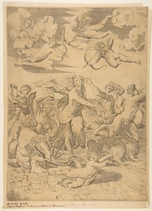 Galatea يركب في قذيفة تسحبها المياه من خلال الدلافين ، كيوبيد أدناه و ... ، كاليفورنيا. 1515-27. بواسطة ماركو دينتي