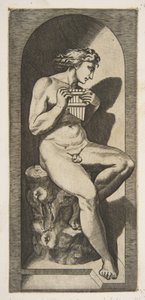 أوليمبوس عارية جالسًا على جذع شجرة يحمل الأنابيب ، تقع داخل مكانة ، كاليفورنيا. 1515-27. بواسطة ماركو دينتي