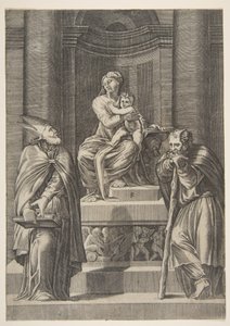القديس يوسف على اليسار وأسقف على اليمين يقف أمام مذبح العذراء ... ، كاليفورنيا. 1515-27. بواسطة ماركو دينتي