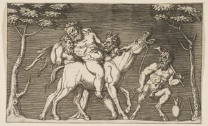 شاتان يضعان Silenus على بغل نهيق وثالث ساتير على اليمين ، كاليفورنيا. 1515-27.
