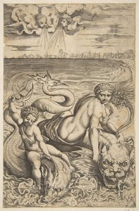 فينوس وكيوبيد يركبان وحشين بحريين ، يرفع كيوبيد سهمًا في يده اليمنى ، ... 1515-27. بواسطة ماركو دينتي