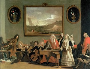 بروفة أوبرا ، يقال أنها بيروس وديميتريوس ، عقدت في غرفة التدريب في مسرح هايماركت ، 1709 بواسطة ماركو ريتشي