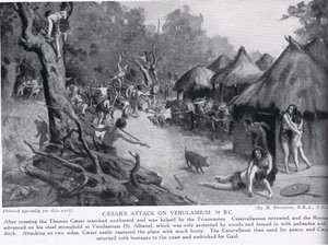 هجوم قيصر على فيرولاميوم، رسم توضيحي من "تاريخ الأمم" لهتشينسون، حوالي عام 1910 (مطبوعة حجرية) بواسطة مارغريت (بعد) دوفاستون
