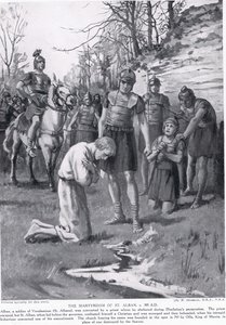 استشهاد القديس ألبان، رسم توضيحي من "تاريخ الأمم لهتشينسون"، حوالي عام 1910 (مطبوعة حجرية)