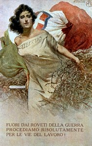رسم رمزي لإيطاليا المحررة من نير الحرب العالمية الأولى. (لون ليثو)