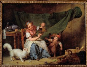 المرأة والماوس فتاة تحمل ماسك فأر أمام القطة وطفل. رسم مارتن درولنغ (1752-1817) 1798 صن. 0،25x0،35 م أورليانز. متحف الفنون الجميلة