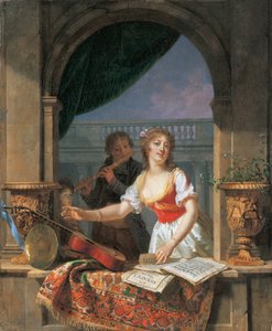سيدة شابة تصل إلى الغيتار في فتحة حجرية وصبي يعزف على الناي بعده ، 1796-97