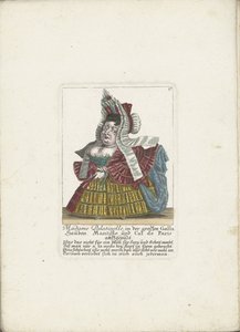 De Franse dwerg Madame Palatinelle ، حوالي 1710 مدام بالاتينيل ، أغطية للرأس ، مانتيلا ، كول دي باريس يرتدون ملابس غالا الكبيرة (العنوان على الجسم) Il Callotto resurcitato أو خزانة صغيرة مفروشة حديثًا (عنوان السلسلة) بواسطة مارتن إنجلبرخت (منسوب إلى)