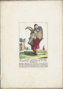 De dwerg Cornelius Guttman as a hoorndrager ، حوالي 1710 السيد كورنيليوس جوتمان ، سكير نقابة الديوث المريض تم تسخيره في سلة (العنوان على الشيء) Il Callotto resurcitato أو خزانة صغيرة مفروشة حديثًا (عنوان السلسلة) بواسطة مارتن إنجلبرخت (منسوب إلى)