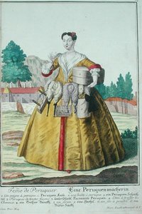 زوجة Wigmaker ، التي نُشرت في أوغسبورغ ، حوالي عام 1735 (لون ليثو) بواسطة مارتن إنجلبرخت