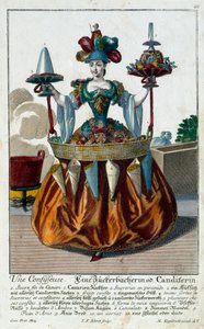 الحلواني: شابة تحمل صينية حلوى وسكريات. نقش لمارتن إنجلبريخت (1684-1756) من القرن الثامن عشر. باريس ، الفنون الزخرفية