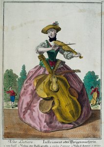 Une Lutiere ، Lutist مع الفيولا والتشيلو والكمان ، بقلم مارتن إنجلبريشت (1684-1756) ، طباعة ملونة ، فرنسا