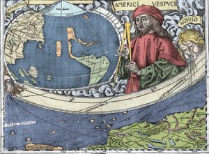 VESPUCCI، Amerigo (1454-1512). المستكشف الإيطالي ورسم الخرائط في "خريطة فالدسيمولر أو Universalis Cosmographia - (Universal Cosmography) - Waldseemuller Planisphere" - 1507 -