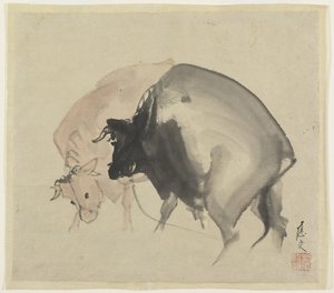 Two Bulls، c.1810 (حبر وألوان على ورق) بواسطة ماروياما أوجو
