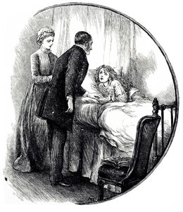 نقش يصور طبيباً يزور مريضه الشاب في المنزل. رسمها ماري إلين إدواردز (1838-1934) فنانة إنجليزية ورسامة غزيرة الإنتاج لكتب الأطفال بواسطة ماري إلين إدواردز