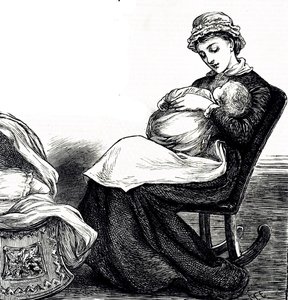 نقش يصور أمًا تهز طفلها. مصورة ماري إلين إدواردز (1838-1934) فنانة إنجليزية ورسامة غزيرة الإنتاج لكتب الأطفال بواسطة ماري إلين إدواردز