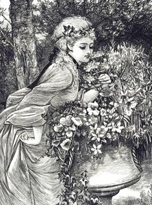 نقش يصور فتاة صغيرة تشم رائحة الزهور الموجودة في جرة حديقة. رسمها ماري إلين إدواردز (1838-1934) فنانة إنجليزية ورسامة لكتب الأطفال بواسطة ماري إلين إدواردز