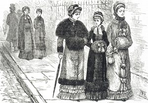 رسم توضيحي يصور شابات يرتدين غطاء للرأس لإبقاء أيديهن دافئة أثناء الطقس البارد بواسطة ماري إلين إدواردز