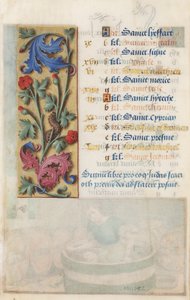 MS Lewis EM 11: 22v Flower Panel مع الأقنثة والوردي والكاتربيلر ، من ساعات لويس الثاني عشر ، 1498-99 (درجة الحرارة والذهب على الرق)