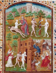 ولادة حواء من ساحل آدم ، آدم وحواء يقطف الثمار المدافعة ثم يصطاد من "مجسم الفردوس" المأخوذ من "" حالات مصائب الرجال والنساء النبلاء "(De casibus) بقلم جيوفاني بوكاتشيو ديت جان بوكاس (1313-1375) ، كاتب إيطالي، tra بواسطة سيد دونوا