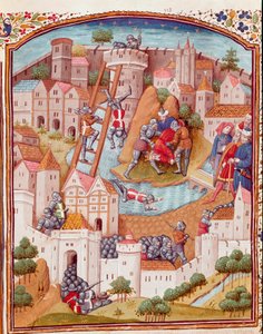 غزو مدينة محصنة صورة مصغرة مأخوذة من "" حالات المصائب النبلاء من الرجال والنساء "" (De casibus) بقلم جيوفاني بوكاتشيو ديت جان بوكاس (1313-1375) ، كاتب إيطالي ، ترجمه لوران دي بريميرفيت وتنوير بواسطة سيد دونوا (15 بواسطة سيد دونوا