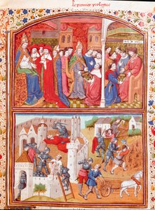 مقدمة: يقدم المؤلف كتابه إلى دوق بيري ومشهد مذبحة المحراثين. مصغرة مأخوذة من "" حالات مصائب الرجال والنساء النبلاء "(De casibus) للكاتب الإيطالي جيوفاني بوكاتشيو ديت جان بوكاس (1313-1375) ، من ترجمة La بواسطة سيد دونوا