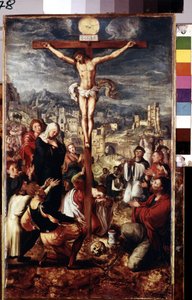 الجلجثة (الجلجثة). صلاة حول المسيح المصلوب مع مدينة القدس في الخلفية. نقش "INRI" على الصليب وفوق حمامة الروح القدس. من بين الشخصيات الممثلة حول يسوع المسيح: العذراء مريم ، القديسة بواسطة ماجستير في برونزويك