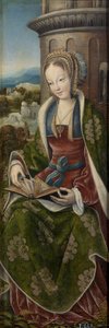 Barbe la grande martyre - لوحة ثلاثية للعائلة المقدسة مع ملائكة صنع الموسيقى. اللوحة اليمنى: Saint Barbara par Master of Frankfurt (1460-ca. 1533) ، حوالي 1510-1520 - زيت على خشب ، 79x27 - متحف ديل برادو ، مدريد