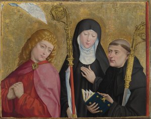 القديسين يوحنا الإنجيلي ، سكولاستيكا وبينيديكت ليسبورن Altarpiece ، كاليفورنيا. 1470-1480