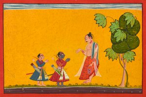 راما ولاكشمان مع الحكيم فيشفاميترا ، من رامايانا ، كاليفورنيا. 1680-1690. بواسطة ماجستير في الطراز الثاني من 'Shangri' Ramayana