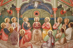 "عيد العنصرة"، تفاصيل مع القديسين المصلين ومريم العذراء والحمامة، حوالي 1420 (لوحة جدارية)