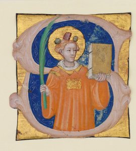 زخرفة المخطوطة مع القديس ستيفن في البداية S ، من Antiphonary ، الإيطالي ، كاليفورنيا. 1410-2