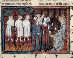 عمليات الإعدام التي أمر بها Enguerrand IV de Coucy. لويس التاسع يحقق العدالة. منمنمة ماهيت في "" حياة ومعجزات سانت لويس "" ، مخطوطة بقلم غيوم دي سانت باثوس بواسطة سيد Cambrai Missal Mahiet